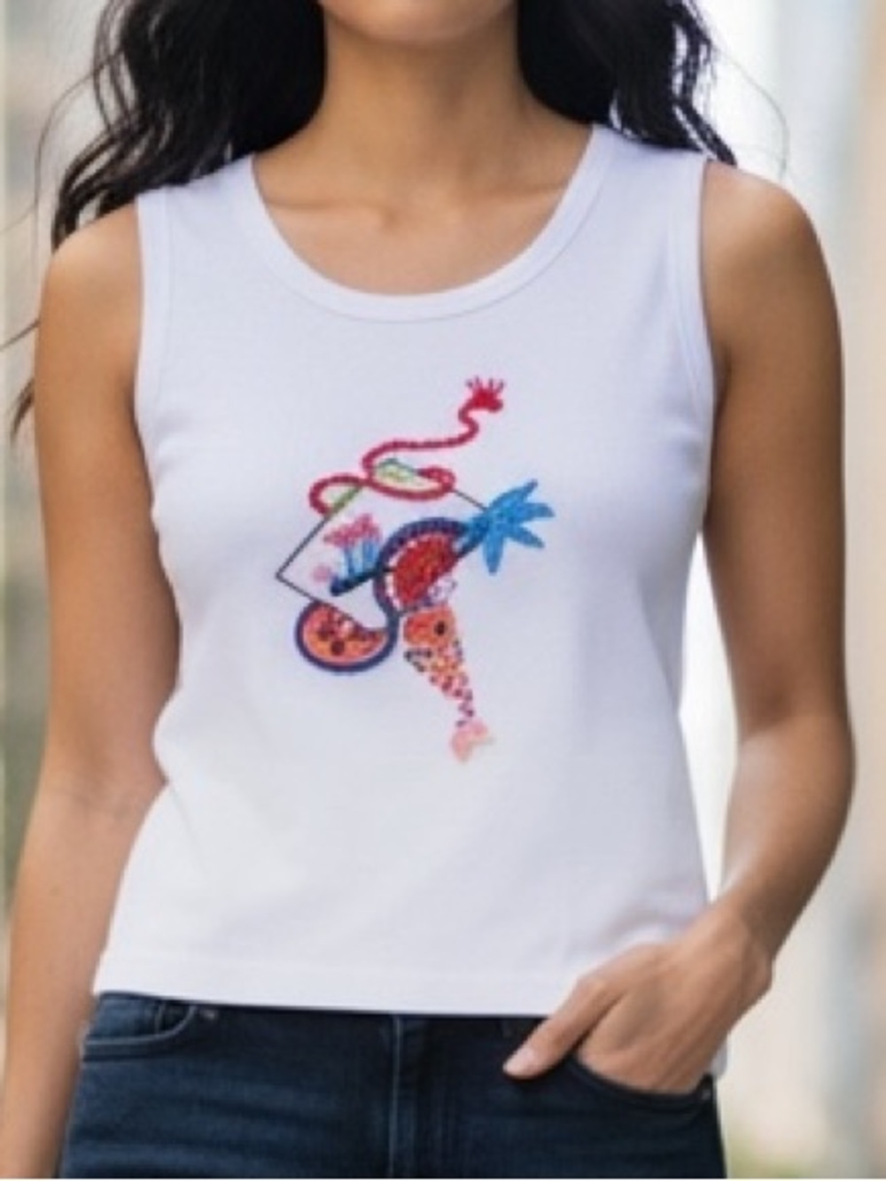 Fun Beaded Tropical Colors on a Dazzling White Cool Summer Sleeveless Crop